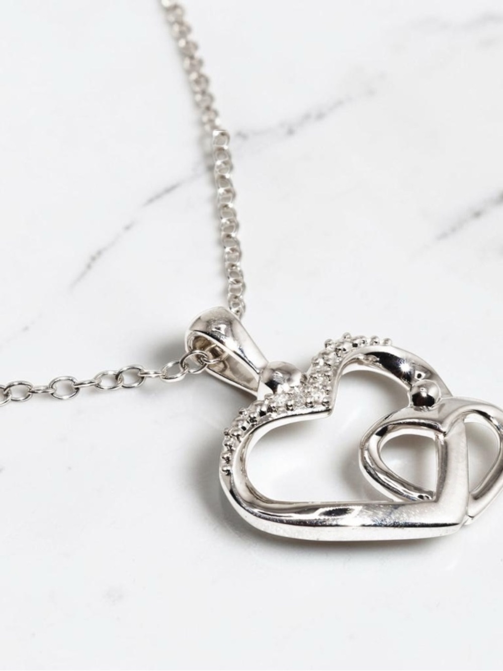 Solid 925 Sterling Silver Natural Diamond Interlocking Heart Necklace 18in NWT - Picture 6 of 8